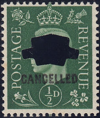 123892 1937 ½D GREEN (SG462) OVERPRINTED 'CANCELLED' TYPE 33P (SPEC Q1t).