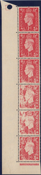 123899 1937 1D SCARLET (SG463) CORNER STRIP OF SIX VARIETY 'DRY PRINT'.