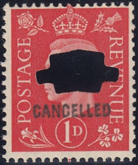 123902 1937 1D SCARLET (SG463) OVERPRINTED 'CANCELLED' TYPE 33P (SPEC Q4u).