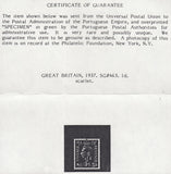 123905 1937 1D SCARLET (SG463) OVERPRINTED 'SPECIMEN' IN GREEN, EX U.P.U. DISTRIBUTION.