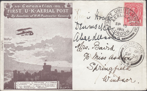 124228 1911 FIRST OFFICIAL U.K. AERIAL POST/LONDON ENVELOPE IN PURPLE-BROWN FROM LONDON TO WINDSOR REDIRECTED TO ABERDEEN.