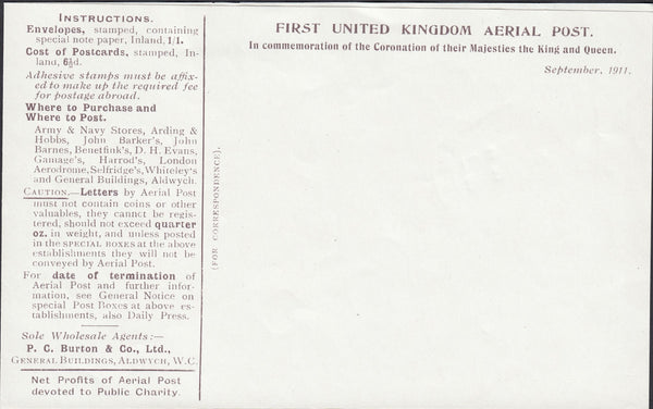 124228 1911 FIRST OFFICIAL U.K. AERIAL POST/LONDON ENVELOPE IN PURPLE-BROWN FROM LONDON TO WINDSOR REDIRECTED TO ABERDEEN.