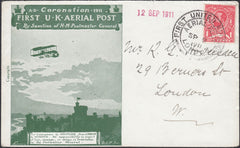 124233 1911 FIRST OFFICIAL U.K. AERIAL POST/LONDON ENVELOPE IN BRIGHT GREEN.