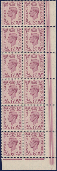 124251 1939 6D PURPLE (SG470) BLOCK OF TWELVE WITH DR BLADE IN SHEET MARGIN.