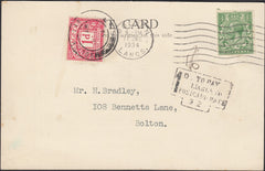 124291 1934 UNDERPAID MAIL USED IN BOLTON.
