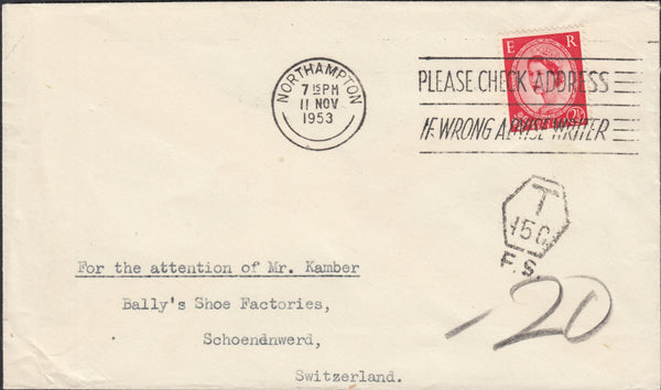 124341 1953 UNDERPAID MAIL NORTHAMPTON TO SWITZERLAND.
