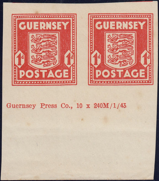 124364 1941 1D GUERNSEY ARMS IMPERFORATE IMPRINT PAIR (SG2c).