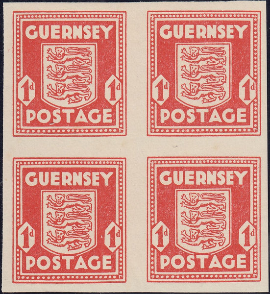 124365 1941 1D GUERNSEY ARMS IMPERFORATE BLOCK OF FOUR (SG2c).