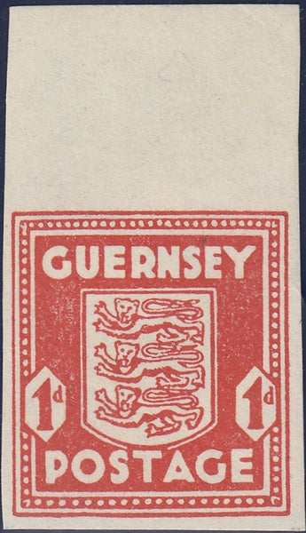 124374 1941 1D GUERNSEY ARMS IMPERFORATE TOP MARGINAL SINGLE (SG2c).