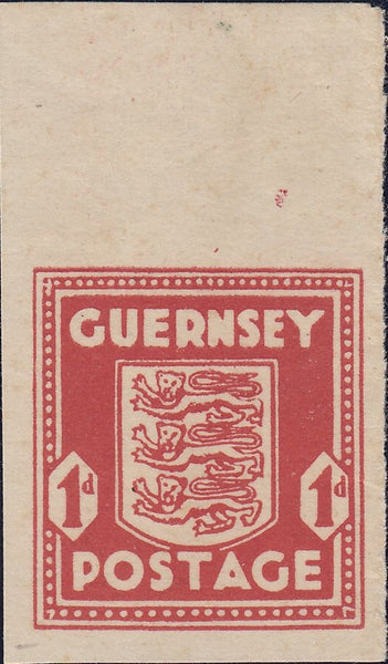 124375 1941 1D GUERNSEY ARMS IMPERFORATE TOP MARGINAL SINGLE (SG2c).