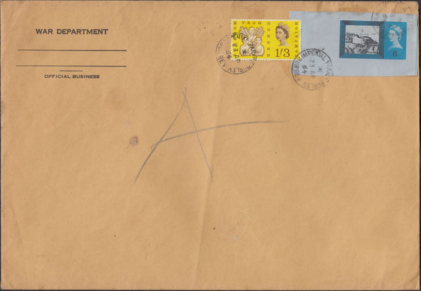 124404 1964 ENVELOPE EX CROYDON WITH 6D SHAKESPEARE POSTAL STATIONERY CUTOUT.