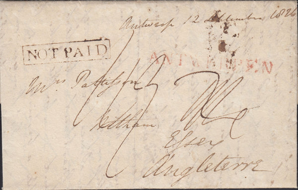 124408 1826 LONDON FOREIGN OFFICE 'NOT PAID' BOXED HAND STAMP IN BLACK (L1111) ON MAIL ANTWERP TO ESSEX.