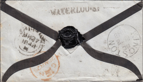 124461 1848 MOURNING ENVELOPE BRIGHTON TO KINGSTON SURREY WITH 'WATERLOO.ST' RECEIVER.