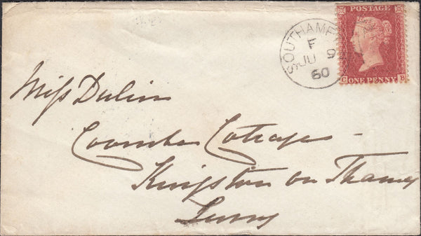 124462 1860 MAIL SOUTHAMPTON TO KINGSTON ON THAMES WITH 'KINGSTON-ON-THAMES' DATE STAMP.