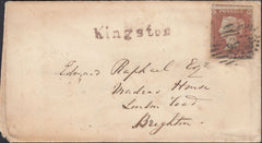 124467 1854 MAIL LONDON TO BRIGHTON WITH 'KINGSTON' TYPE 2 STRAIGHT LINE HAND STAMP.
