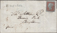 124468 1852 MAIL KINGSTON TO BRIGHTON WITH 'KINGSTON' TYPE 2 STRAIGHT LINE HAND STAMP.