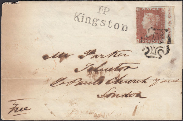 124480 1842 MAIL KINGSTON TO LONDON WITH 1D (SG8) WITH MARGINAL INSCRIPTION AND 'T.P/KINGSTON' HAND STAMP.