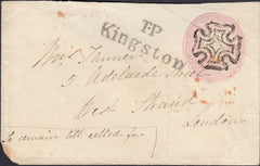 124482 1843 1D PINK ENVELOPE KINGSTON TO LONDON WITH 'T.P/KINGSTON' HAND STAMP.