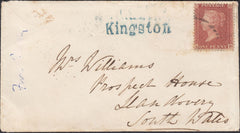 124484 1856 MAIL KINGSTON TO SOUTH WALES WITH 'KINGSTON' TYPE 3 STRAIGHT LINE HAND STAMP.
