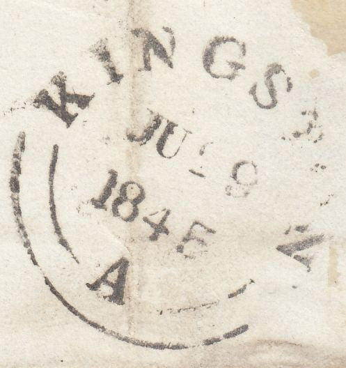 124486 1845 MAIL KINGSTON TO LONDON WITH 'KINGSTON/1D PAID' HAND STAMP.