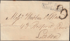 124490 1837 MAIL KINGSTON TO LONDON WITH 'T.P/KINGFTON' HAND STAMP IN BLUE.