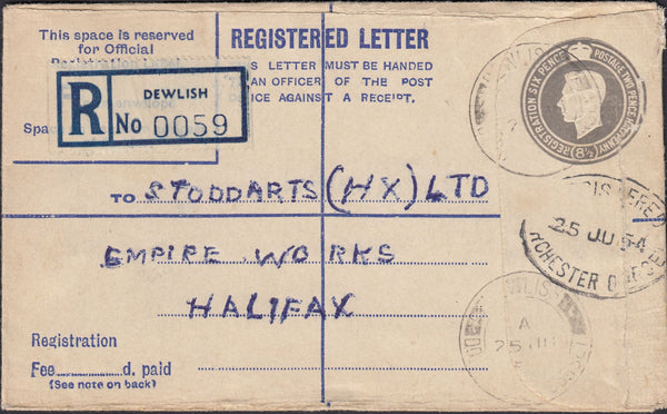 125060 1954 KGVI 8½d GREY REGISTERED ENVELOPE DEWLISH (DORSET) TO HALIFAX.