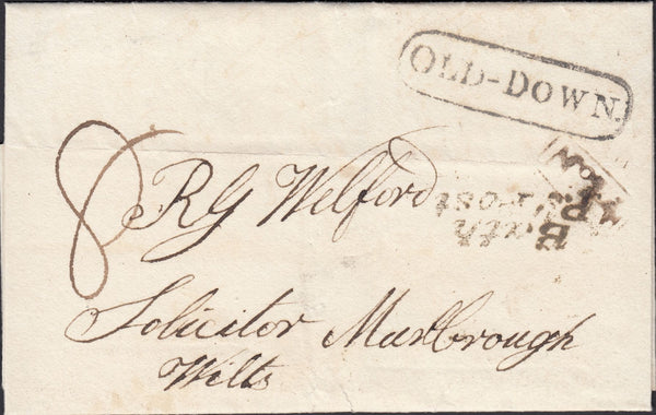 125091 1831 MAIL BATH TO MARLBOROUGH, WILTS/BATH PENNY POST AND 'OLD-DOWN' RECEIVER'S HAND STAMP (SO647).