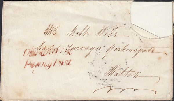 125097 1842 MAIL OSWALDKIRK (NORTH YORKS) TO MALTON WITH 'OSWALDKIRK/PENNY POST' HAND STAMP (YK2114).
