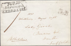 125102 1838 FREE FRONT PETERBOROUGH TO WRENTHAM, SUFFOLK WITH BOXED 'PETER-/-BOROUGH/PENNY POST' THREE LINE HAND STAMP (NN197).