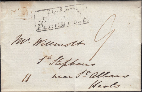 125104 1838 MAIL THORNEY ABBEY (CAMBS) TO ST. ALBANS WITH 'PETER-/-BOROUGH/PENNY POST' BOXED THREE LINE HAND STAMP (NN197).