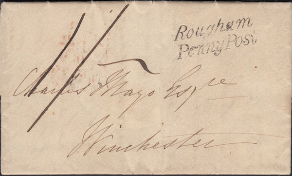 125174 1838 MAIL DOCKING HALL, NORFOLK TO WINCHESTER WITH 'ROUGHAM/PENNY POST' HAND STAMP (NK338).