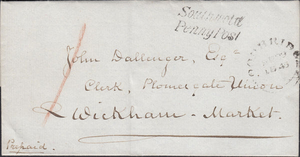 125214 1845 MAIL SOUTHWOLD TO WICKHAM MARKET (SUFFOLK) WITH 'SOUTHWOLD/PENNY POST' HAND STAMP (SK311).