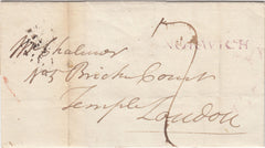 125291 1797 WRAPPER NORWICH TO QUEEN ANNE'S BOUNTY LONDON WITH 'NORWICH' HAND STAMP (NK299) IN PURPLE.