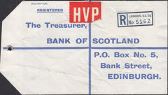 125298 1964 HIGH VALUE PACKET (HVP) REGISTERED LABEL LONDON TO EDINBURGH WITH £1 CASTLE ISSUE.