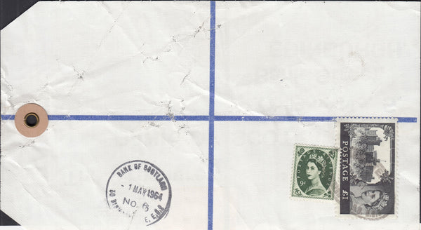 125299 1964 HIGH VALUE PACKET (HVP) REGISTERED LABEL LONDON TO EDINBURGH WITH £1 CASTLE ISSUE.