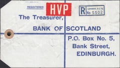 125301 1964 HIGH VALUE PACKET (HVP) REGISTERED LABEL LONDON TO EDINBURGH WITH £1 CASTLE ISSUE.