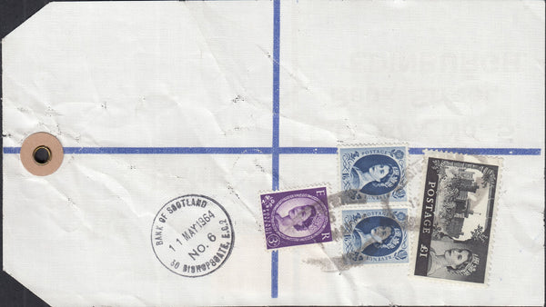 125301 1964 HIGH VALUE PACKET (HVP) REGISTERED LABEL LONDON TO EDINBURGH WITH £1 CASTLE ISSUE.