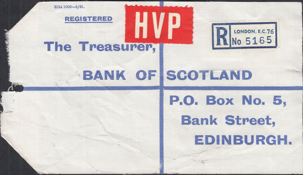 125304 1964 HIGH VALUE PACKET (HVP) REGISTERED LABEL LONDON TO EDINBURGH WITH £1 CASTLE ISSUE.