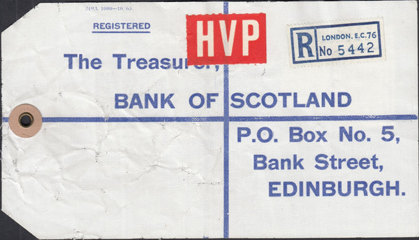 125305 1964 HIGH VALUE PACKET (HVP) REGISTERED LABEL LONDON TO EDINBURGH WITH £1 CASTLE ISSUE.