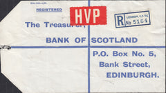 125306 1964 HIGH VALUE PACKET (HVP) REGISTERED LABEL LONDON TO EDINBURGH WITH £1 CASTLE ISSUE.