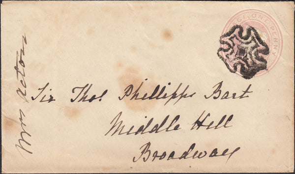 125310 1842 SOLID CENTRE MALTESE CROSS OF SHREWSBURY ON 1D PINK ENVELOPE TO BROADWAY.