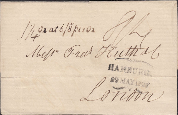 125324 1827 MAIL HAMBURG TO LONDON WITH 1¼ 'Oz at 6S/8D per Oz' LONDON FOREIGN OFFICE RATE HAND STAMP (L1035b).