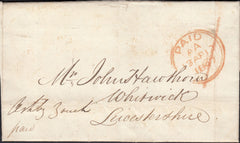 125331 1847 'ROMFORD' LONDON COUNTRY SORTING OFFICE DATE STAMP IN RED (L522a) ON LETTER TO ASHBY DE LA ZOUCH.