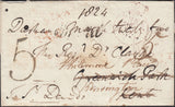 125341 1824 FREE MAIL MAIL DURHAM TO LONDON, REDIRECTED WITH FINE STRIKE BOXED 'TO BE DELIVERED/BY 10 SUND.MORN' HAND STAMP IN RED (L710).