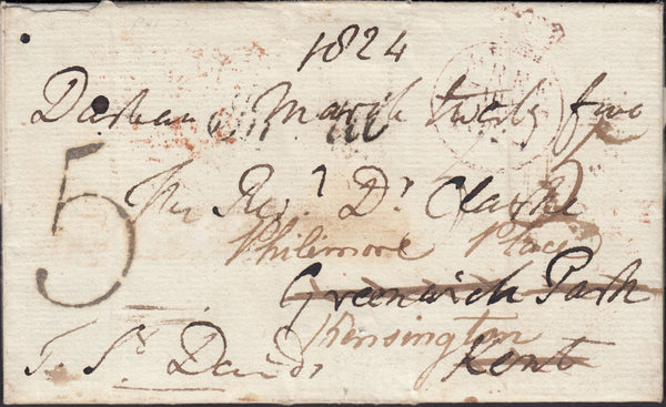 125341 1824 FREE MAIL MAIL DURHAM TO LONDON, REDIRECTED WITH FINE STRIKE BOXED 'TO BE DELIVERED/BY 10 SUND.MORN' HAND STAMP IN RED (L710).