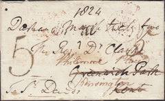 125341 1824 FREE MAIL MAIL DURHAM TO LONDON, REDIRECTED WITH FINE STRIKE BOXED 'TO BE DELIVERED/BY 10 SUND.MORN' HAND STAMP IN RED (L710).