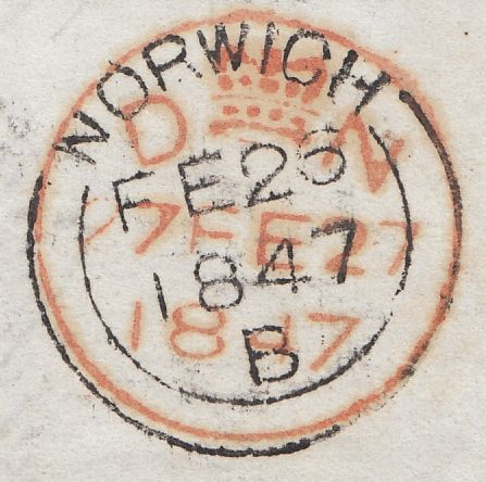 125359 1847 MAIL NORWICH TO LONDON WITH 'HEVINGHAM/PENNY POST' HAND STAMP (NK191).