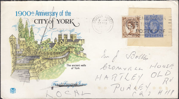 125381 1972 MAIL CROYDON TO PURLEY WITH KGVI 2½D ULTRAMARINE POSTAL STATIONERY CUTOUT.