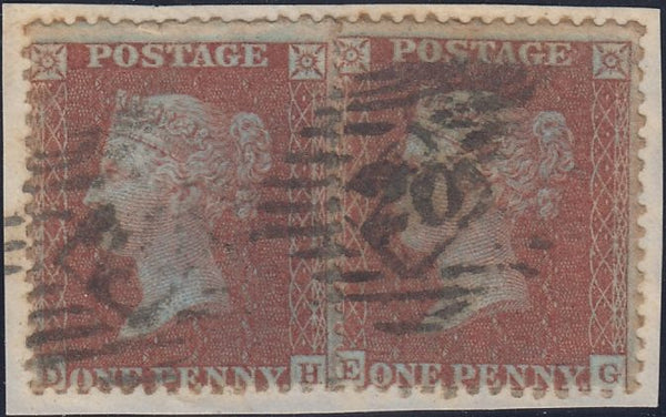 125408 1855 DIE 2 1D PL.18 S.C.14 (SG24), TWO EXAMPLES ON SMALL PIECE LETTERED DH AND EG.