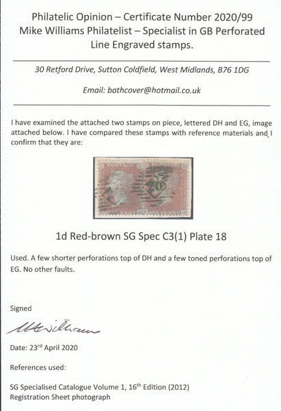125408 1855 DIE 2 1D PL.18 S.C.14 (SG24), TWO EXAMPLES ON SMALL PIECE LETTERED DH AND EG.